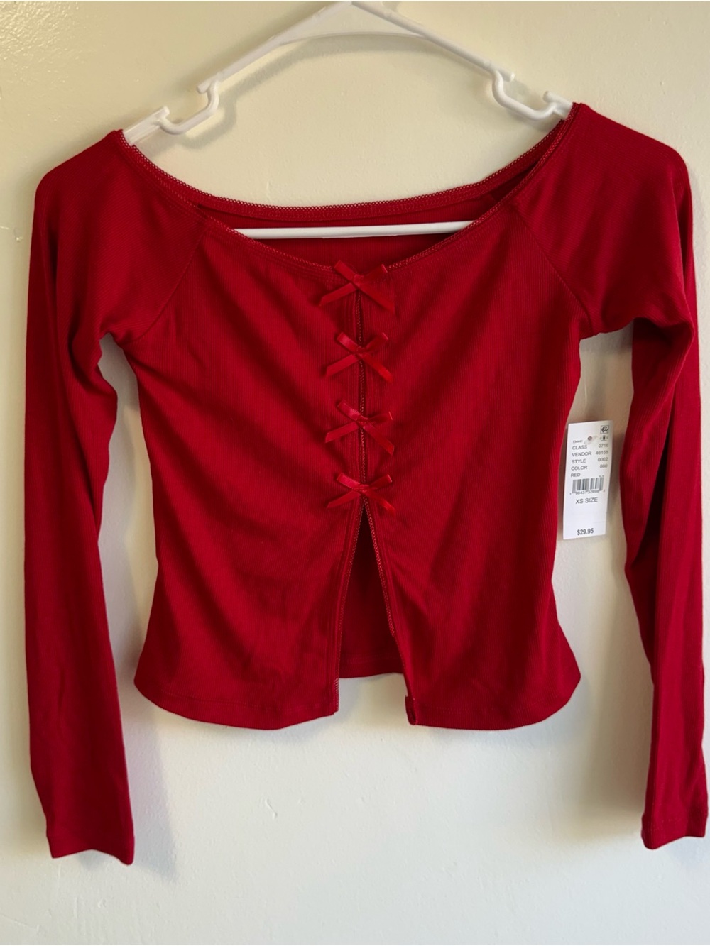 NWT PACSUN Red Long Sleeve Bow Accent Cropped Top size XS